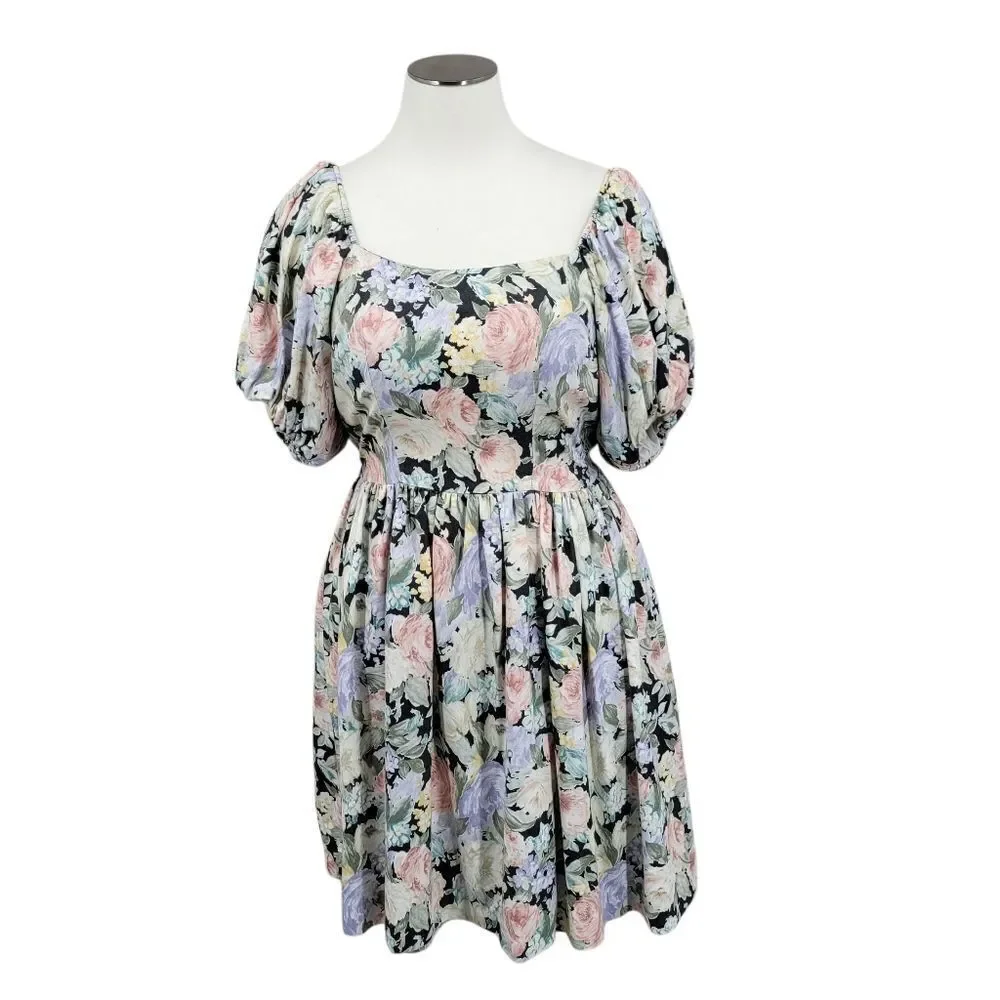 Impromptu 80s Vintage Floral Prom Puff Sleeve Dress Fitted Bodice
